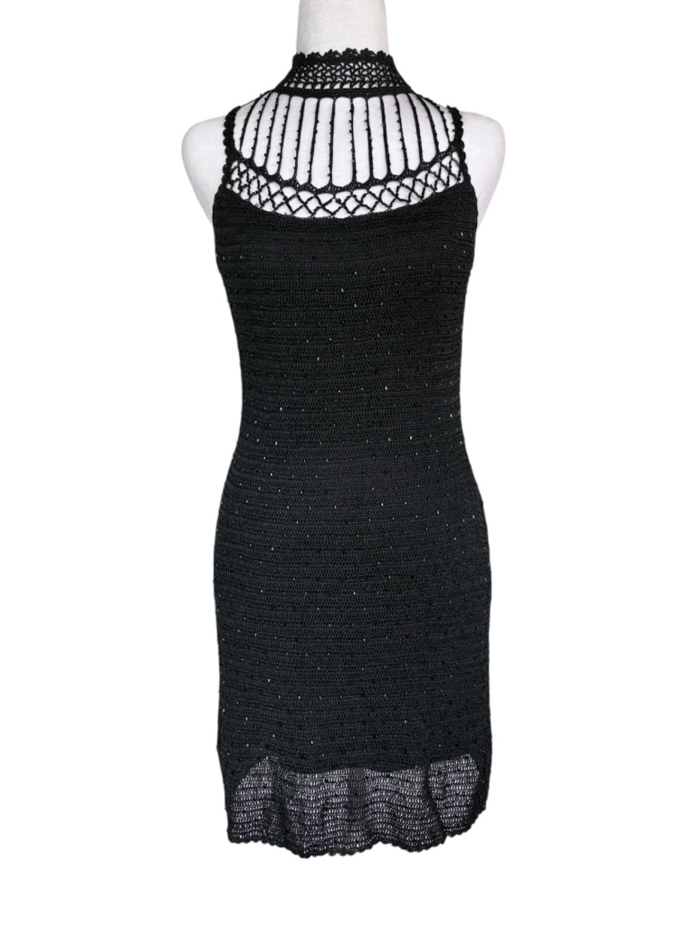 LBD Crochet Backless Mini Embellished Black Romantic Dress Size S-M